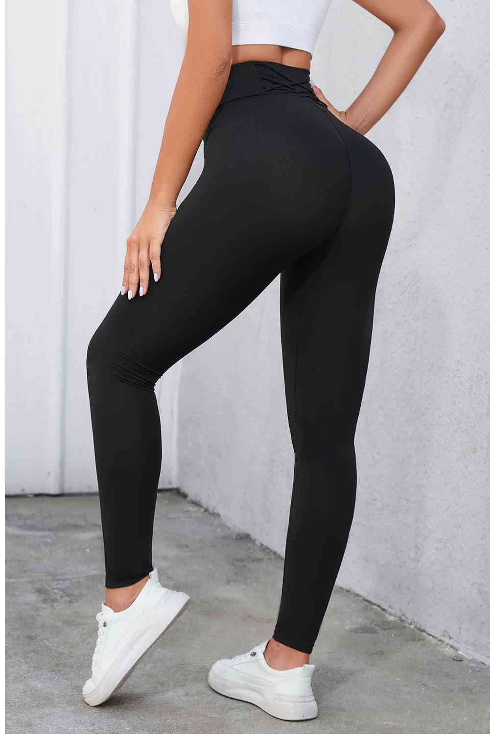 Womens Leggings-Crisscross Detail Wide Waistband Leggings