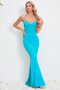 Womens Maxi Dress-Crisscross Spaghetti Strap Fishtail Dress | Dress