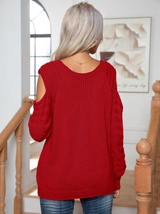 Womens Sweater-Decorative Button Cold-Shoulder Sweater | sweater