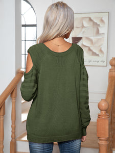 Womens Sweater-Decorative Button Cold-Shoulder Sweater | sweater