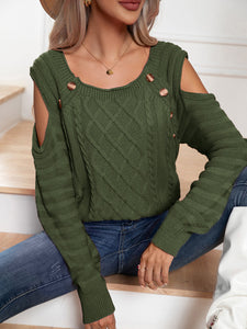 Womens Sweater-Decorative Button Cold-Shoulder Sweater | sweater