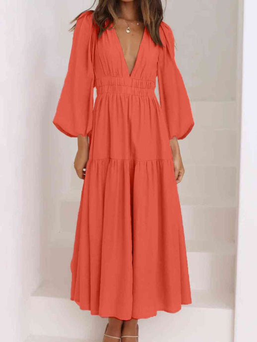 Womens Maxi Dress-Deep V-Neck Balloon Sleeve Plain Maxi Dress