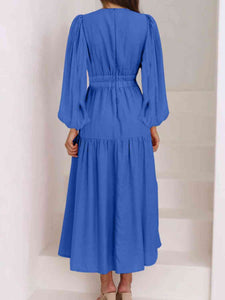 Womens Maxi Dress-Deep V-Neck Balloon Sleeve Plain Maxi Dress