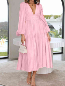 Womens Maxi Dress-Deep V-Neck Balloon Sleeve Plain Maxi Dress