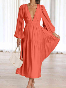 Womens Maxi Dress-Deep V-Neck Balloon Sleeve Plain Maxi Dress