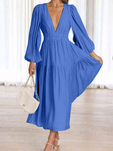 Womens Maxi Dress-Deep V-Neck Balloon Sleeve Plain Maxi Dress