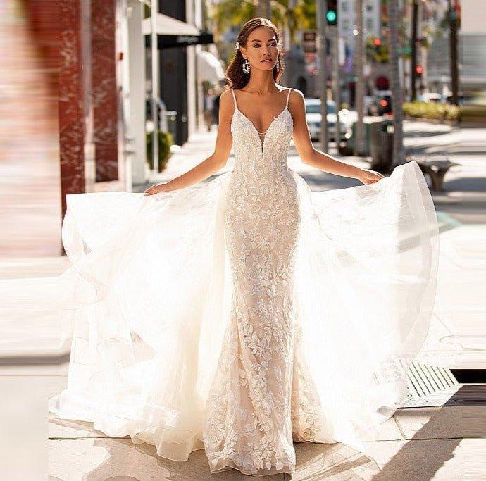 Mermaid Wedding Dress-Lace V Neck Detachable Train | Wedding Dresses