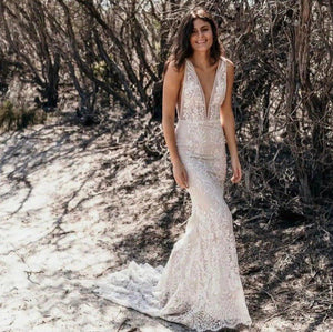Deep V Neck Mermaid Beach Wedding Dress | Backless Lace Broke Girl Philanthropy