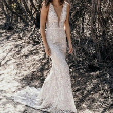 Load image into Gallery viewer, Deep V Neck Mermaid Beach Wedding Dress | Backless Lace Broke Girl Philanthropy
