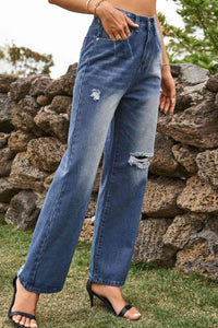 Blue Jeans-Loose Fit Distressed Buttoned Blue Jeans | Blue Jeans