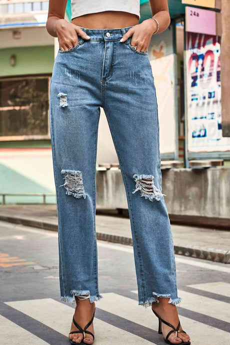 Blue Jeans-Distressed Buttoned Loose Fit Blue Jeans | Blue Jeans