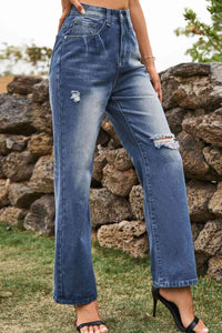 Blue Jeans-Loose Fit Distressed Buttoned Blue Jeans | Blue Jeans