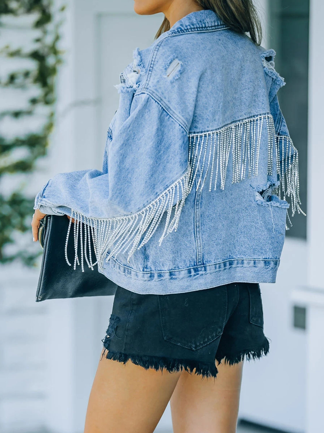 Womens Denim Jacket-Distressed Fringe Denim Jacket | Denim Jacket