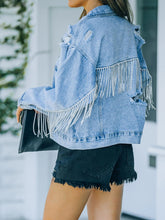 Load image into Gallery viewer, Womens Denim Jacket-Distressed Fringe Denim Jacket | Denim Jacket
