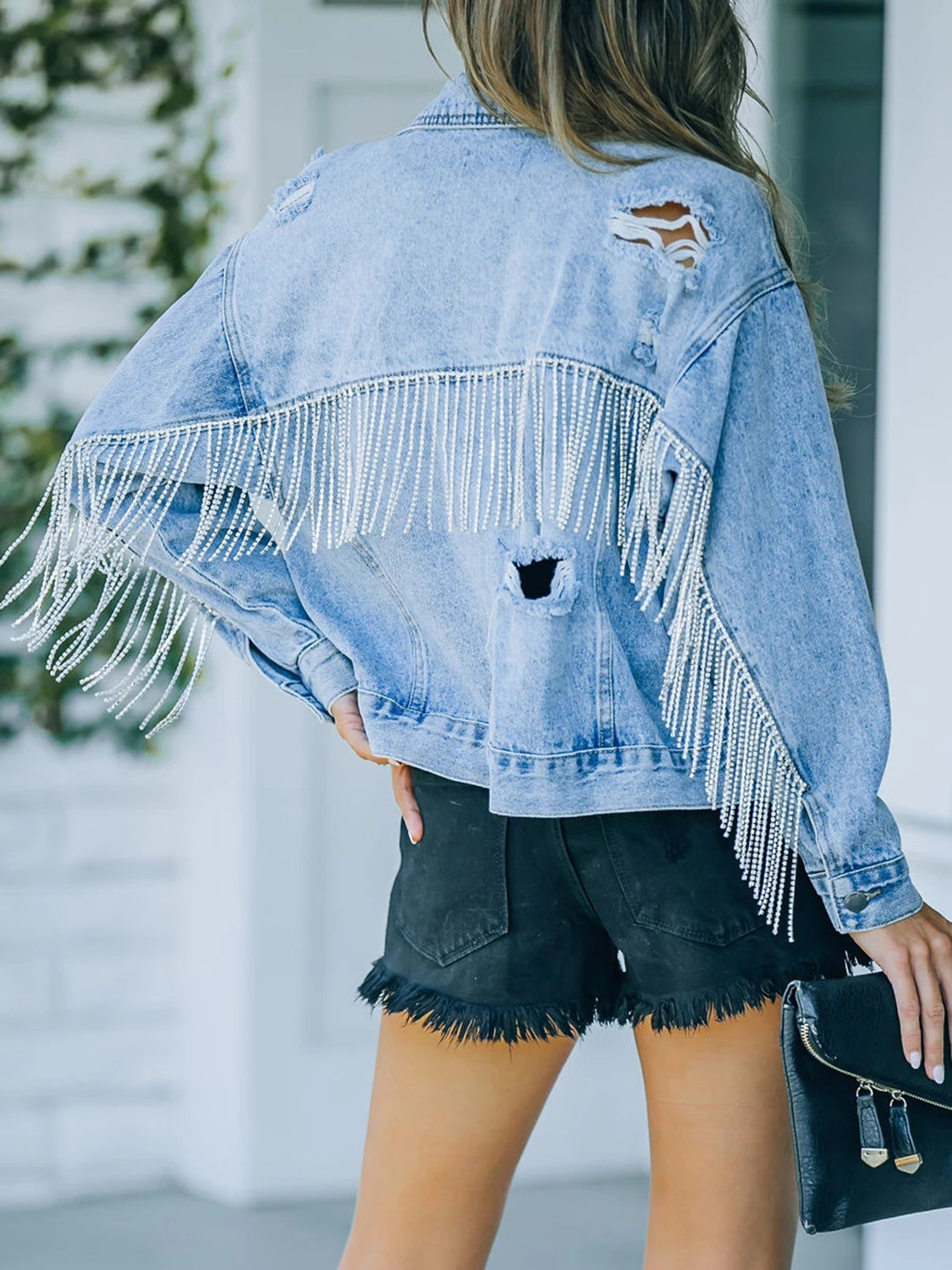 Womens Denim Jacket-Distressed Fringe Denim Jacket | Denim Jacket