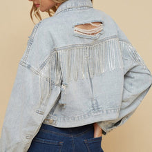 Load image into Gallery viewer, Womens Denim Jacket-Distressed Fringe Trim Denim Jacket | Denim Jacket
