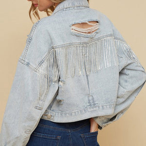 Womens Denim Jacket-Distressed Fringe Trim Denim Jacket | Denim Jacket