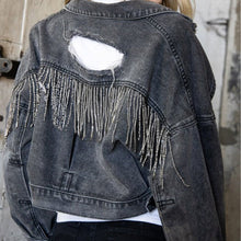 Load image into Gallery viewer, Womens Denim Jacket-Distressed Fringe Trim Denim Jacket | Denim Jacket
