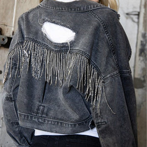 Womens Denim Jacket-Distressed Fringe Trim Denim Jacket | Denim Jacket