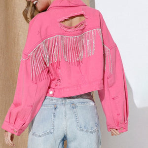 Womens Denim Jacket-Distressed Fringe Trim Denim Jacket | Denim Jacket