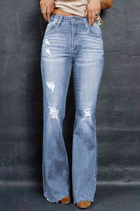 Blue Jeans-Distressed Raw Hem Flare Blue Jeans | Blue Jeans