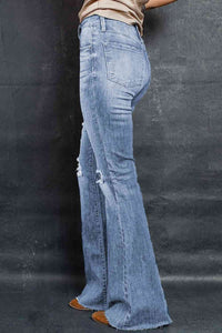 Blue Jeans-Distressed Raw Hem Flare Blue Jeans | Blue Jeans