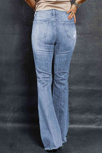 Blue Jeans-Distressed Raw Hem Flare Blue Jeans | Blue Jeans