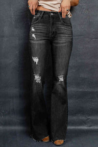 Blue Jeans-Distressed Raw Hem Flare Blue Jeans | Blue Jeans