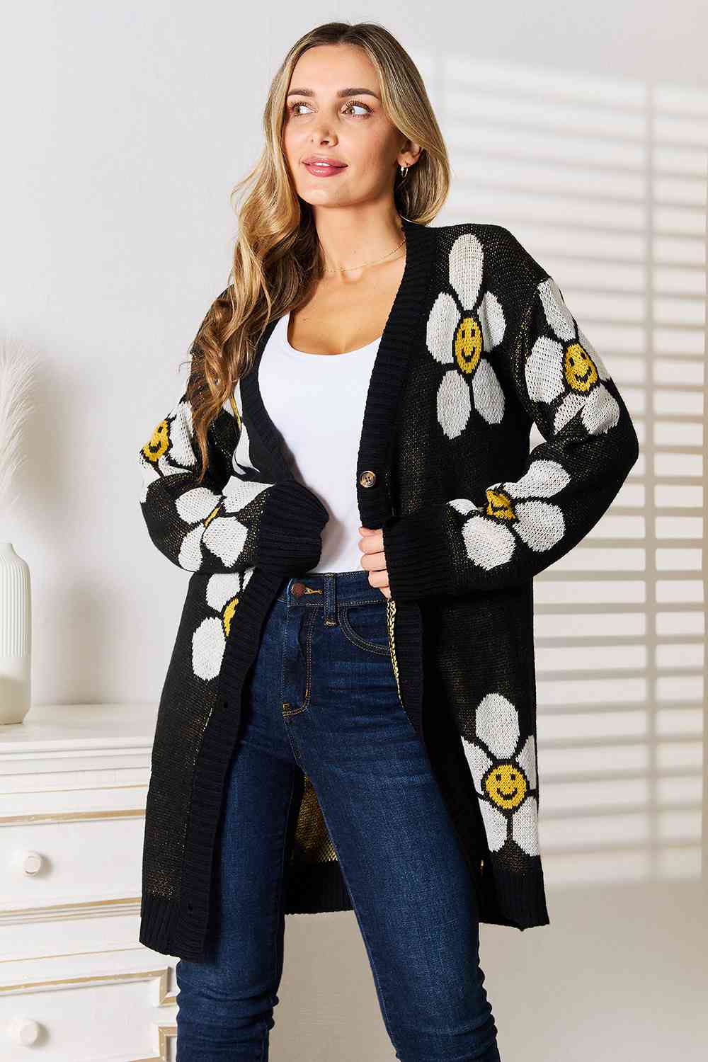 Womens Sweater-Double Take Floral Button Down Longline Cardigan