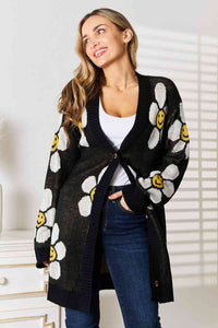 Womens Sweater-Double Take Floral Button Down Longline Cardigan