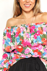 Womens Blouse-Double Take Floral Off-Shoulder Flounce Sleeve Layered Blouse | Tops/Crop Tops