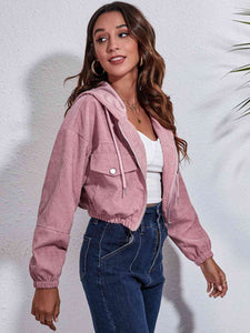 Womens Jacket-Drawstring Hooded Zip Up Jacket with Pockets