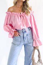 Load image into Gallery viewer, Womens Blouse-Drawstring Off-Shoulder Flounce Sleeve Blouse | Tops/Crop Tops

