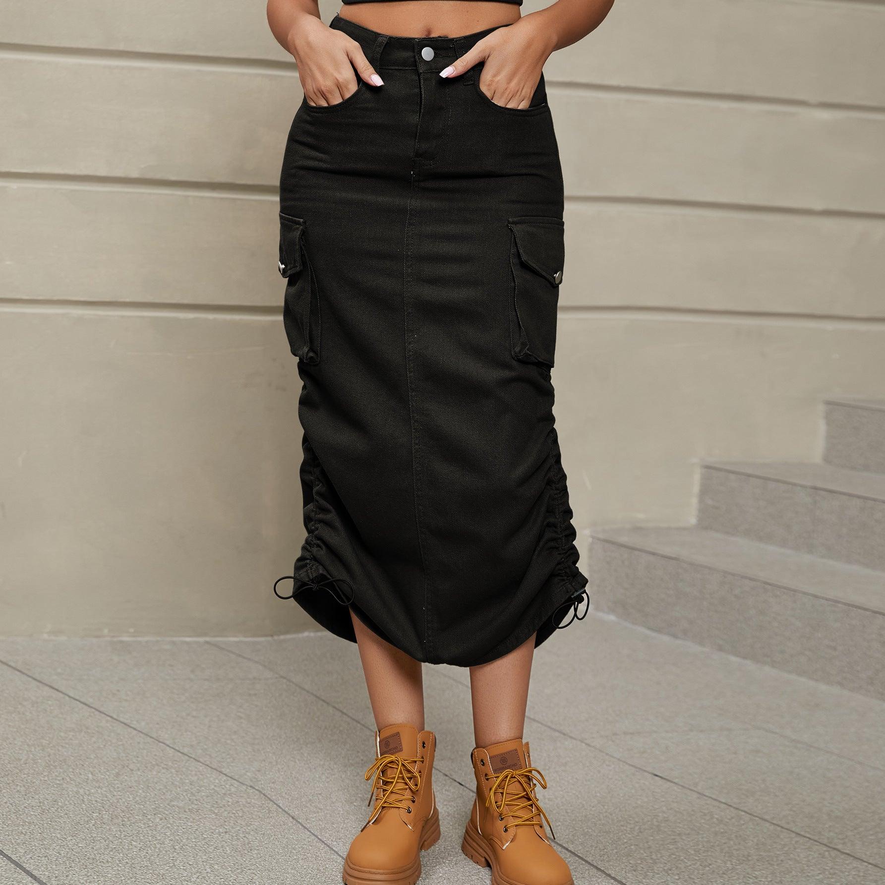 Womens Skirt-Drawstring Ruched Slit Denim Midi Skirt