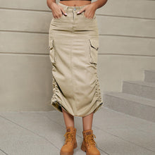Load image into Gallery viewer, Womens Skirt-Drawstring Ruched Slit Denim Midi Skirt
