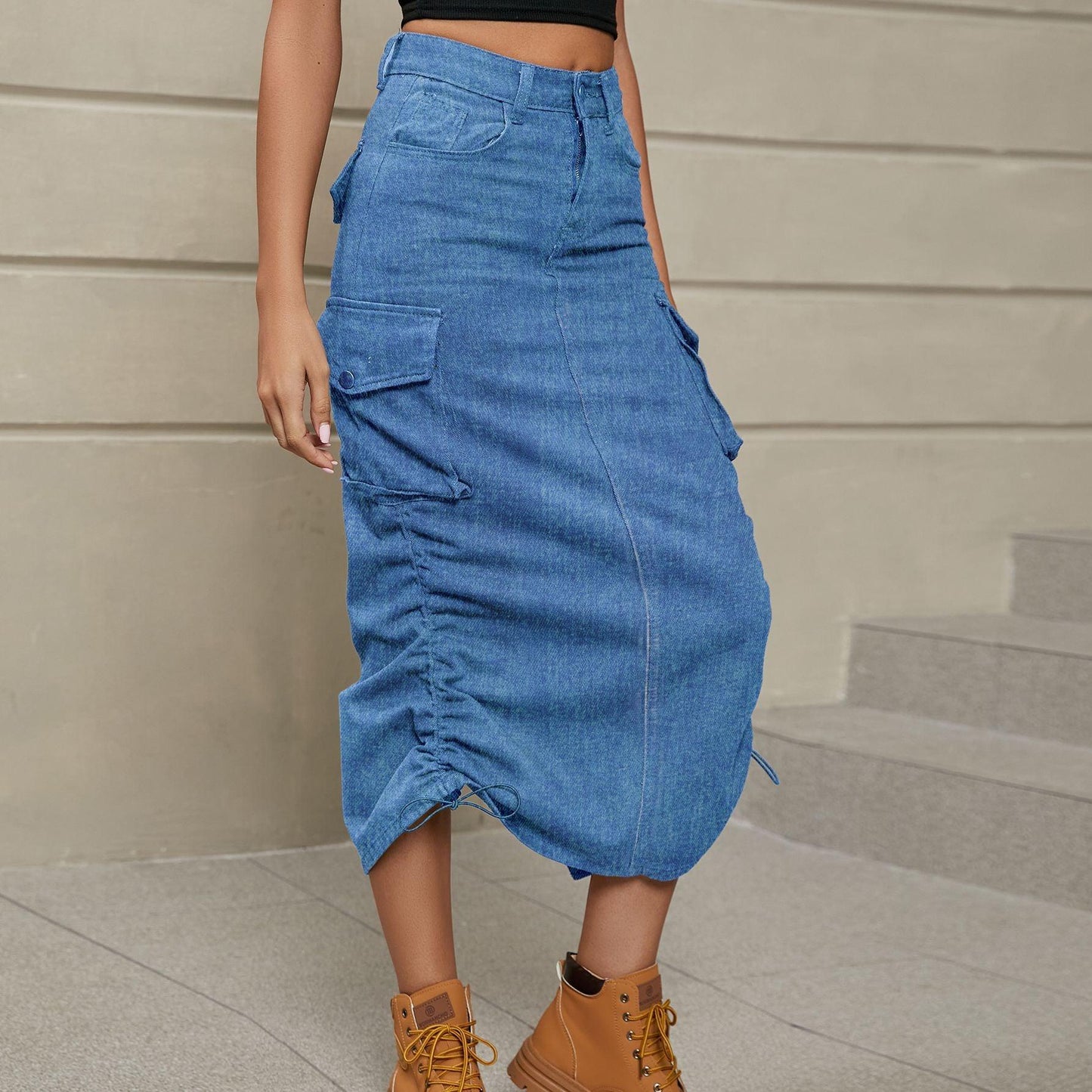 Womens Skirt-Drawstring Ruched Slit Denim Midi Skirt