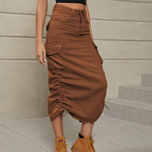 Womens Skirt-Drawstring Ruched Slit Denim Midi Skirt