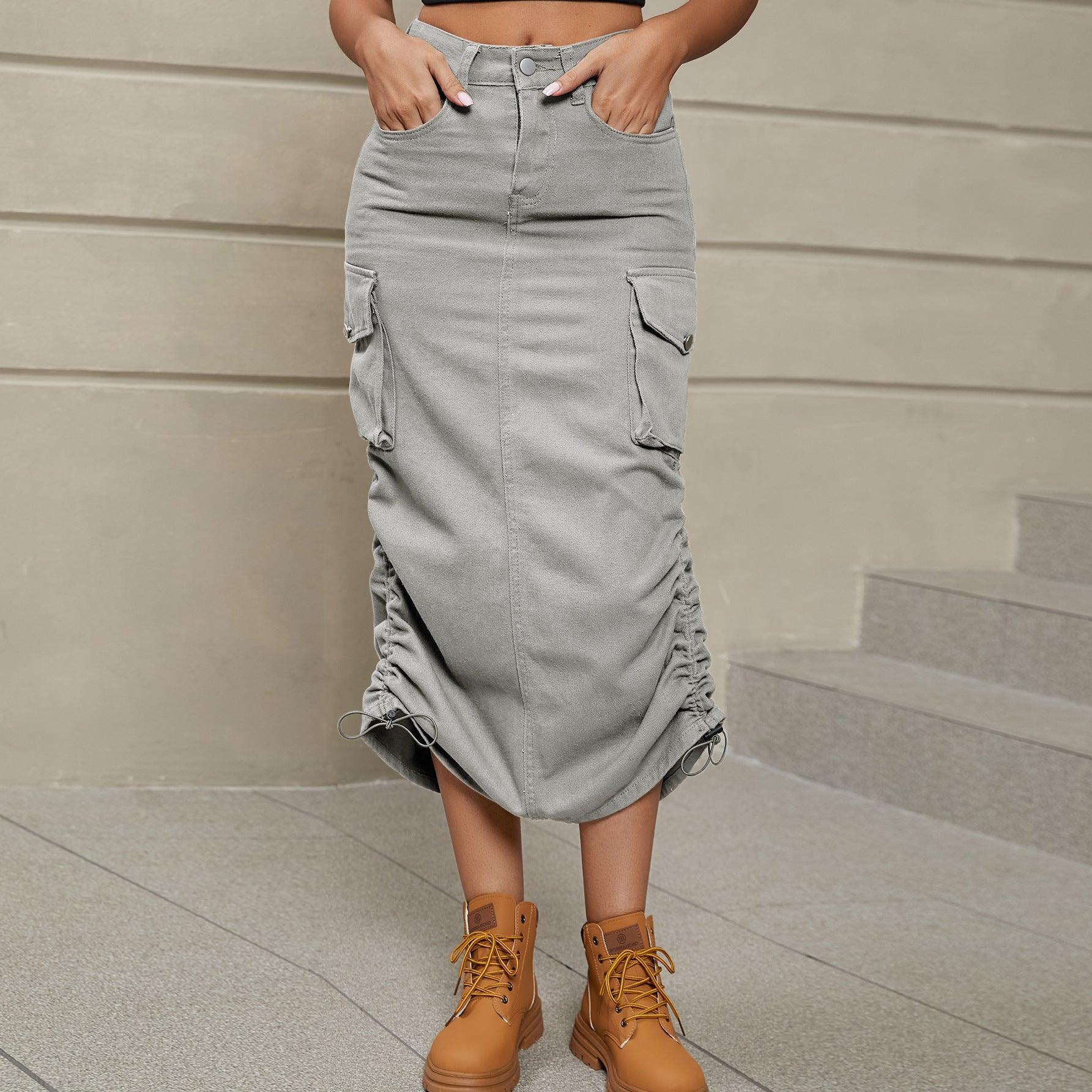 Womens Skirt-Drawstring Ruched Slit Denim Midi Skirt