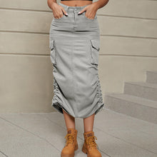 Load image into Gallery viewer, Womens Skirt-Drawstring Ruched Slit Denim Midi Skirt
