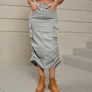 Womens Skirt-Drawstring Ruched Slit Denim Midi Skirt