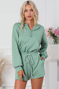 Womens Romper-Drawstring Waist Hooded Romper with Pockets