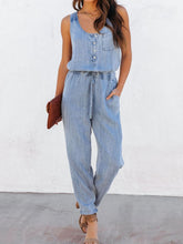 Load image into Gallery viewer, Womens Jumpsuit-Drawstring Waist Sleeveless Jumpsuit
