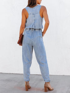 Womens Jumpsuit-Drawstring Waist Sleeveless Jumpsuit