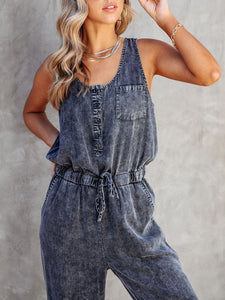 Womens Jumpsuit-Drawstring Waist Sleeveless Jumpsuit