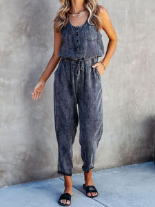 Womens Jumpsuit-Drawstring Waist Sleeveless Jumpsuit