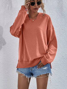 Womens Top-Pink Dropped Shoulder Slit Hoodie