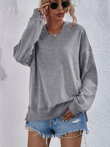 Womens Top-Pink Dropped Shoulder Slit Hoodie