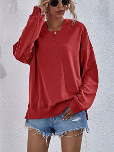 Womens Top-Pink Dropped Shoulder Slit Hoodie