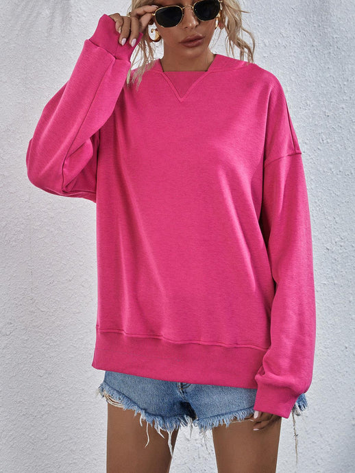 Womens Top-Pink Dropped Shoulder Slit Hoodie