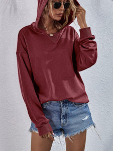 Womens Top-Pink Dropped Shoulder Slit Hoodie